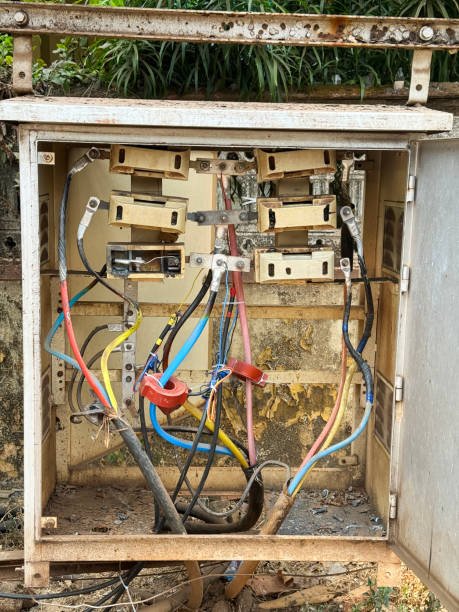 Stock photo showing close-up view of a tangle of plastic covered wires in an old, outdoor electrical junction box.
