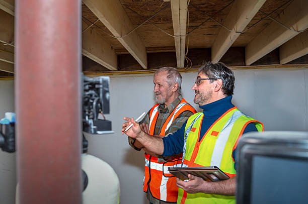Two Caucasian men, aged 53 and 69, inspecting a residential home basement. The older contractor in an orange safety vest gestures with a pen while discussing structural details with his colleague, who wears a yellow vest and holds a digital tablet. They stand beneath exposed wooden floor joists and near a steel support column during a home inspection.